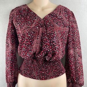 OLM Red Floral Smocked Waist Surplice V-Neck Blouse Cottagecore Romantic Wmns M